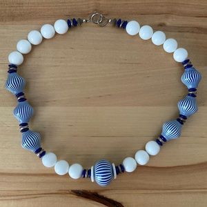 Vintage Blue and White Striped Beaded Necklace